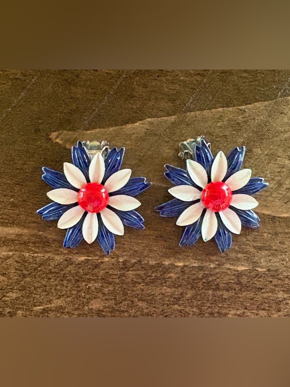 Vintage Enameled Blue & White Daisy Clip-On Earrings with Red Center